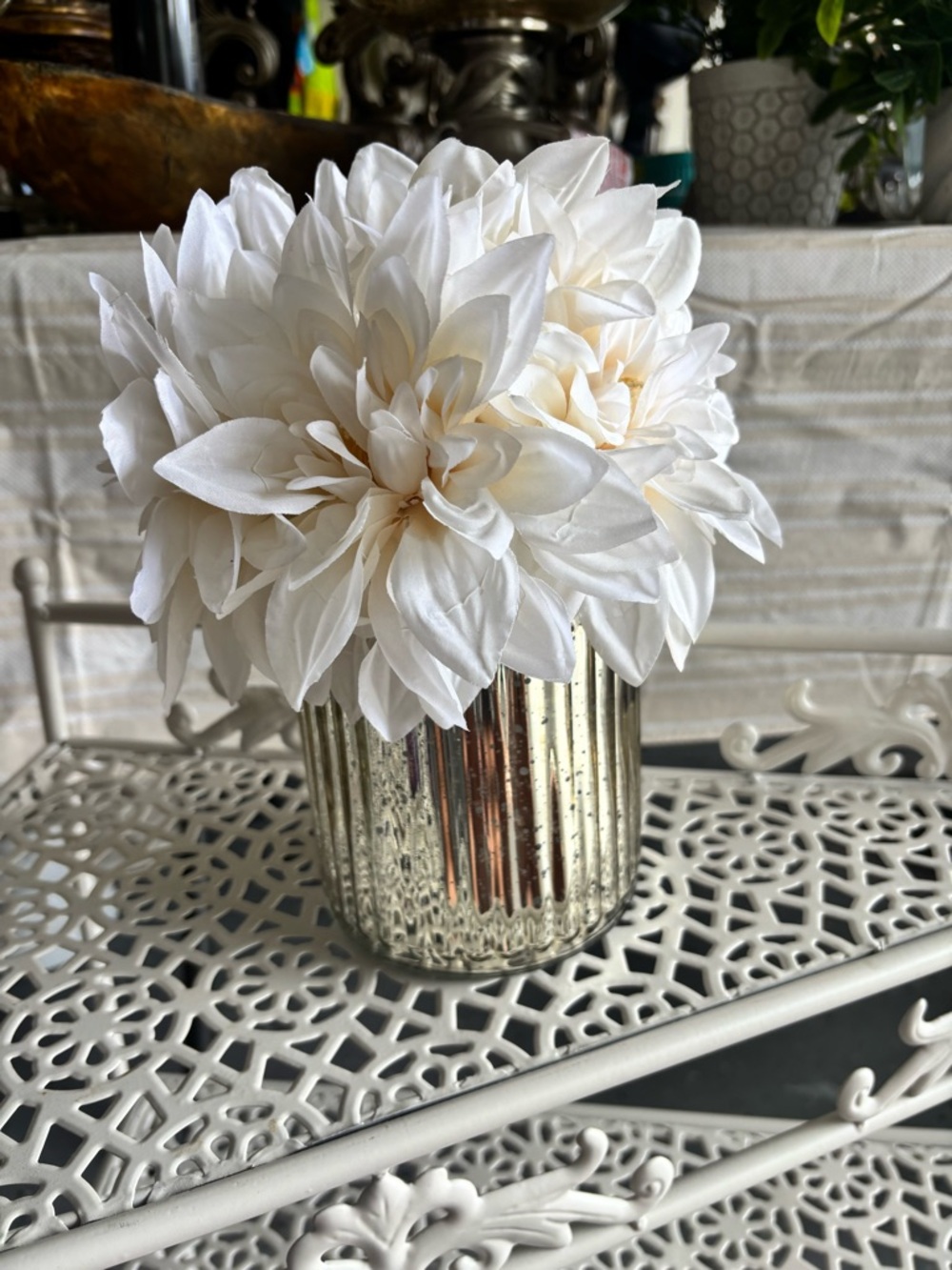 White Faux Dahlia Arrangement in Gold Vase - Home Accents